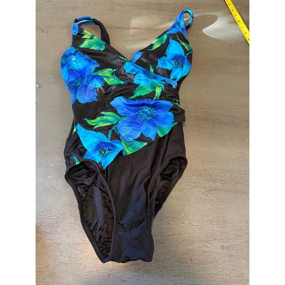 Longitude Floral One Piece Swimsuit Black Blue Green Size 10 V-Neck Ruched
